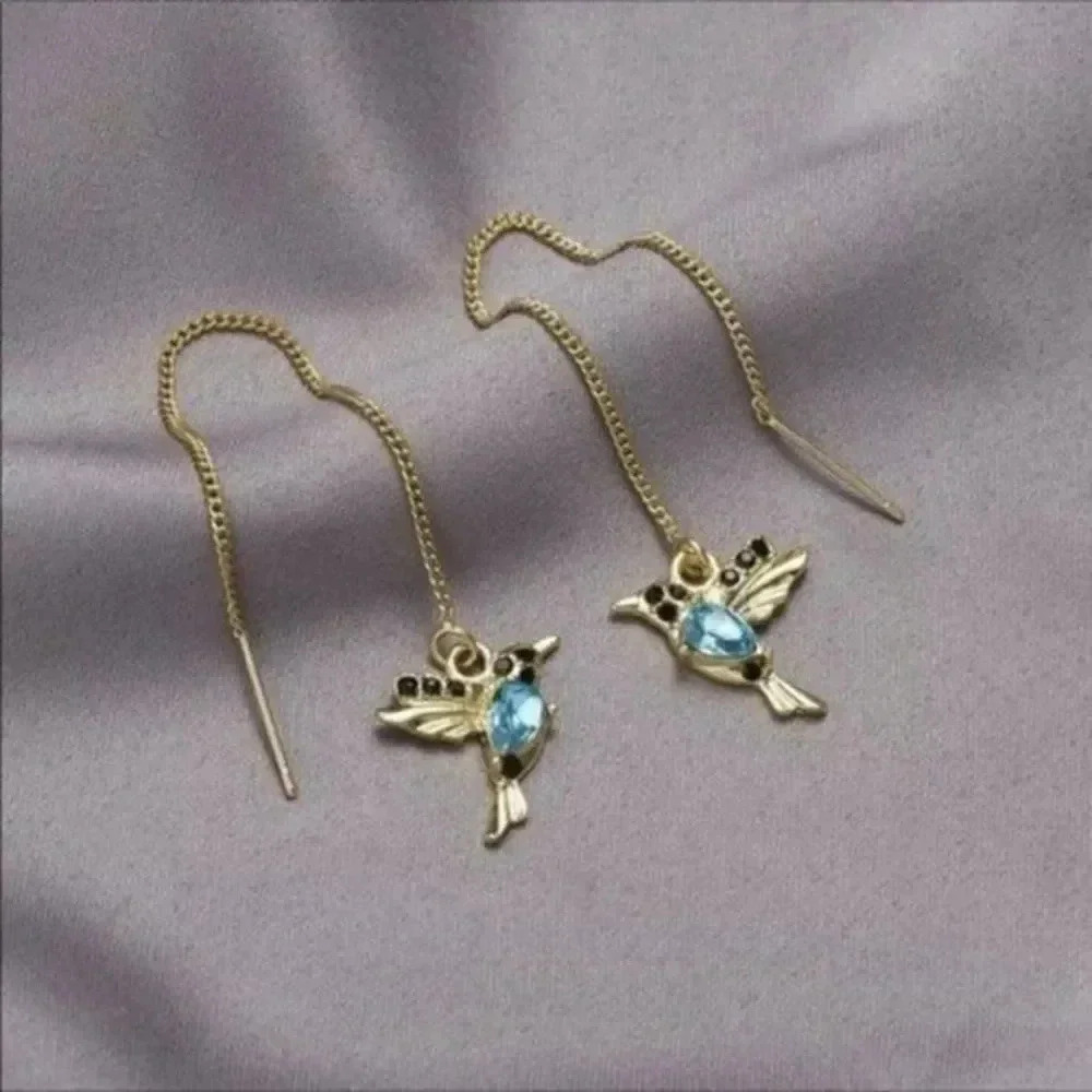 Gorgeous Blue Gold Hummingbird Bird Earrings NWT